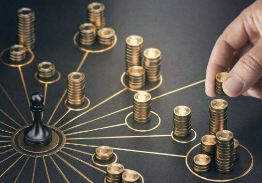 Man puting golden coins on a board representing multiple streams of income. Concept of multiplying sources of revenue. Composite image between a 3d illustration and a photography.